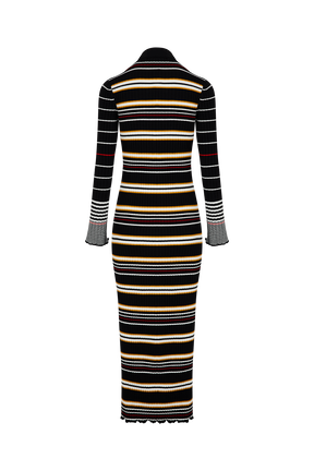Striped Knit Polo-Collar Dress Black/ecru back view