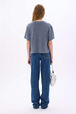 Short-sleeved round neck top in fine striped cotton terry Striped white/blue back worn view
