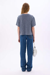 Short-sleeved round neck top in fine striped cotton terry Striped white/blue back worn view