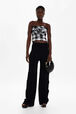 Pantalon fleur ajourée maille femme Noir vue portée de face