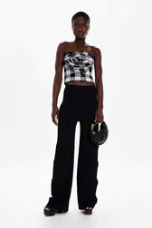 Women Openwork Floral Knit Trousers Black front worn view
