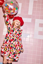 Printed Camo with Ruffle and Cutout Girl Dress Red front worn view