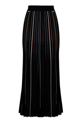 Women Multicolor Striped Long Pleated Skirt Black front view