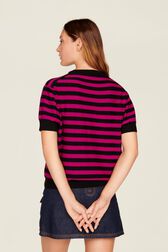 Sweater manches courtes Big Poor Boy rayé femme Raye noir/fuchsia vue portée de dos
