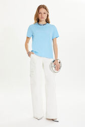 Short-sleeved crew-neck T-shirt Blue front worn view