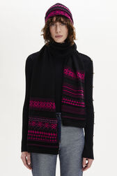 Fair Isle Print Wool Knit Long Scarf Fuchsia front worn view