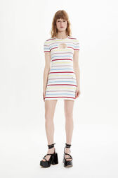 Women Picot Multicolor Striped Short Dress Multico white striped front worn view