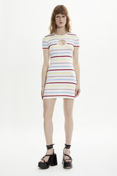 Women Picot Multicolor Striped Short Dress Multico white striped front worn view