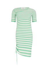 Striped short-sleeved mini dress with asymmetric collar Striped anise/white front view