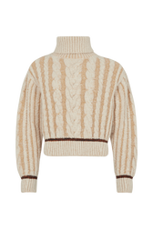 Alpaca Wool Cable Knit Turtle Neck Jumper Ecru front view