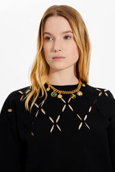 Women Openwork Floral Sweater Black details view 2