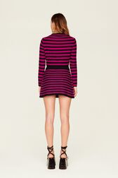 Women Big Poor Boy Striped A-line Skirt Black/fuchsia back worn view
