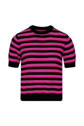 Sweater manches courtes Big Poor Boy rayé femme Raye noir/fuchsia vue de face
