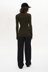 Crew-Neck Jumper Long Slit Sleeves Khaki back worn view