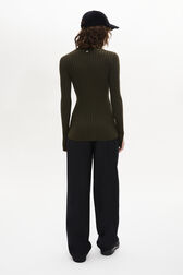Wool Knit Crew-Neck Slit Sleeves Sweater Khaki back worn view