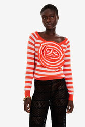 Pull laine mérinos bicolore fleur en relief femme Raye corail/baby pink vue de détail 1