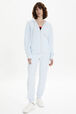 Women Velvet Hoodie Baby blue front worn view