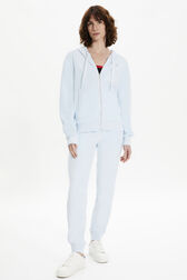 Women Velvet Hoodie Baby blue front worn view