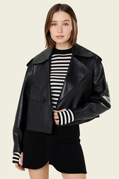 Women Short Leather Black Jacket Black details view 1