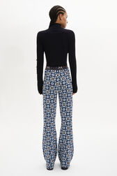 Flower Jacquard Knit High-Waisted Flared Trousers Blue back worn view