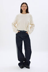 Cable-knit woolen sweater Ecru front worn view