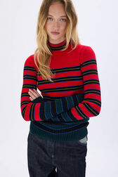 Striped knitted sweater with stand-up collar Striped blue/red details view 1