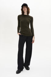 Crew-Neck Jumper Long Slit Sleeves Khaki front worn view