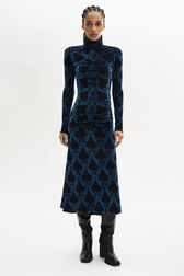 Baroque Print Close-Fit Velvet Dress Blue front worn view