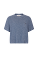 Short-sleeved round neck top in fine striped cotton terry Striped white/blue front view