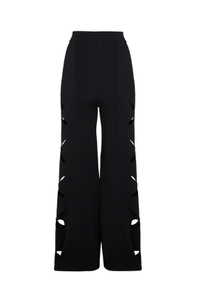 Women Openwork Floral Knit Trousers Black back view