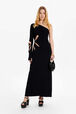 Women Openwork Floral Knit Asymmetrical Maxi Dress Black front worn view