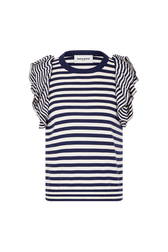 Pull manches courtes rayé à volants Raye blanc / bleu vue de face