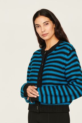 Women Big Poor Boy Striped Cardigan Striped black/pruss.blue front worn view
