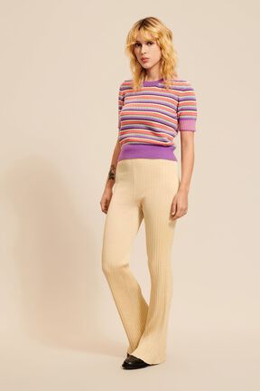 Pull manches courtes rayé multicolore pastel femme Lilas vue de détail 1