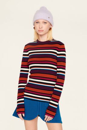 Pull laine côtelée femme Multico raye vue portée de face