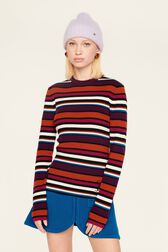 Women Ribbed Wool Sweater Multico striped front worn view