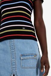 Women Picot Multicolor Striped T-Shirt Multico black striped details view 2