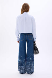 Chemise crop en coton à manches longues fines rayures Raye blanc / bleu vue portée de dos