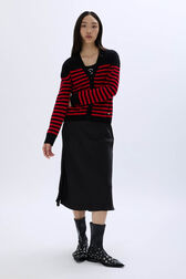 Striped woolen cardigan Black/red front worn view