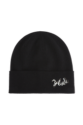 Cashmere Knit Beanie Hat Black front view