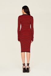 Women Rib Sock Knit Striped Maxi Dress Black/red back worn view