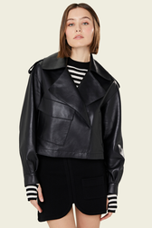 Women Short Leather Black Jacket Black details view 2