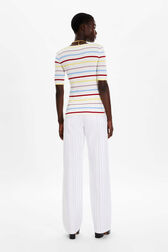 Women Picot Multicolor Striped Open Neck T-Shirt Multico white striped back worn view