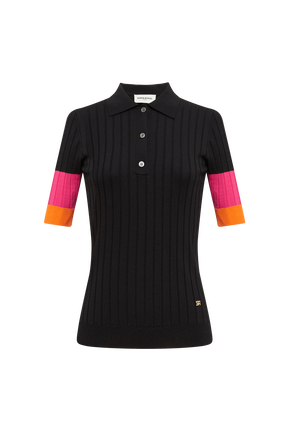 Women Ribbed Viscose Polo Shirt Black front view