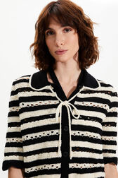 Women Short Openwork Striped Waistcoat Black/ecru details view 2