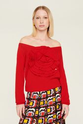 Women Plain Flower Sweater Red front worn view