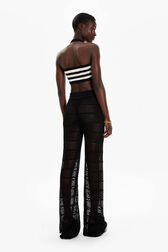 Women Openwork Striped Bandeau Top Black/ecru back worn view