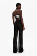 Women Openwork Striped Bandeau Top Black/ecru back worn view