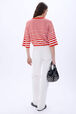 Short striped sweater with round neck and short sleeves Tangerine/white stripe back worn view