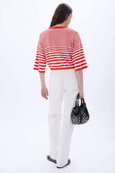 Short striped sweater with round neck and short sleeves Tangerine/white stripe back worn view